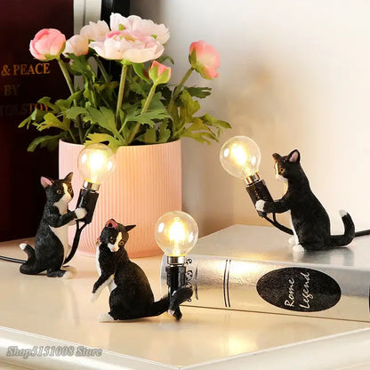 Black and white cat resin table lamp bedroom decor