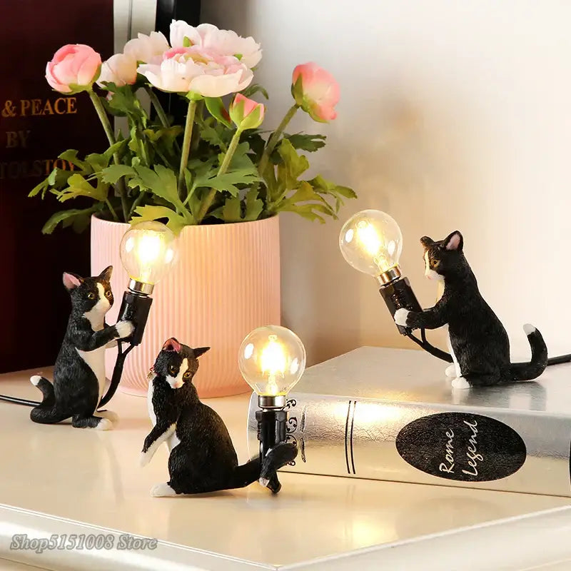 Black and white cat resin table lamp bedroom decor