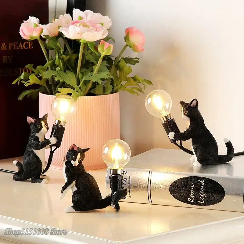 Black and white cat resin table lamp bedroom decor