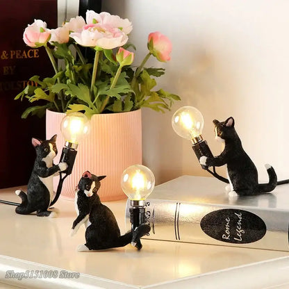 Black and white cat resin table lamp bedroom decor
