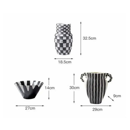 Black and white check geometric ceramic vase living room floral pot