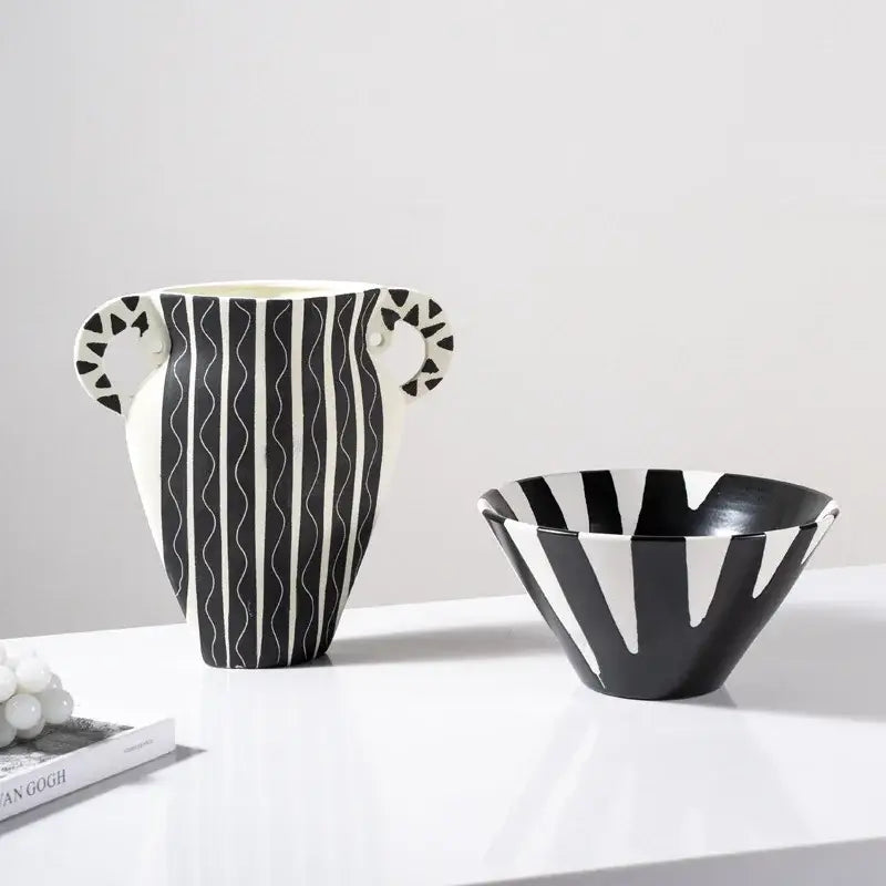 Black and white check geometric ceramic vase living room floral pot