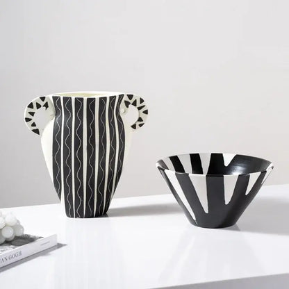 Black and white check geometric ceramic vase living room floral pot