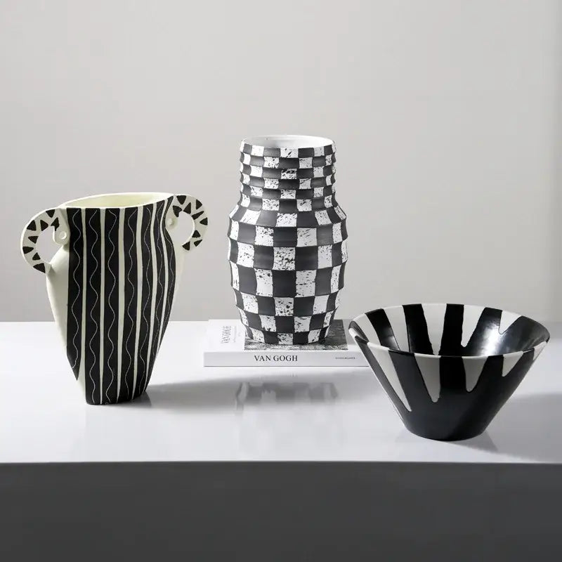 Black and white check geometric ceramic vase living room floral pot