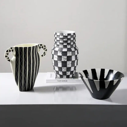 Black and white check geometric ceramic vase living room floral pot