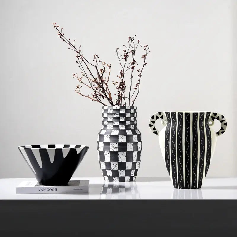 Black and white check geometric ceramic vase living room floral pot