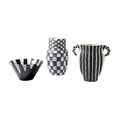 Black and white check geometric ceramic vase living room floral pot