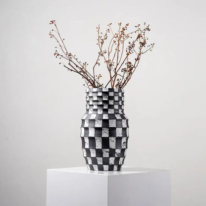 Black and white check geometric ceramic vase living room floral pot