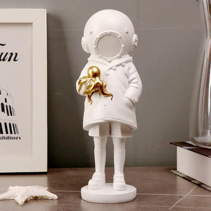 Black and white diver girl resin statue living room octopus decor
