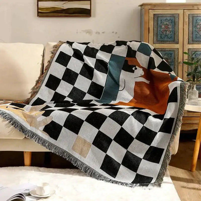 Black and white fox cozy plaid wool blend blanket bedroom throw