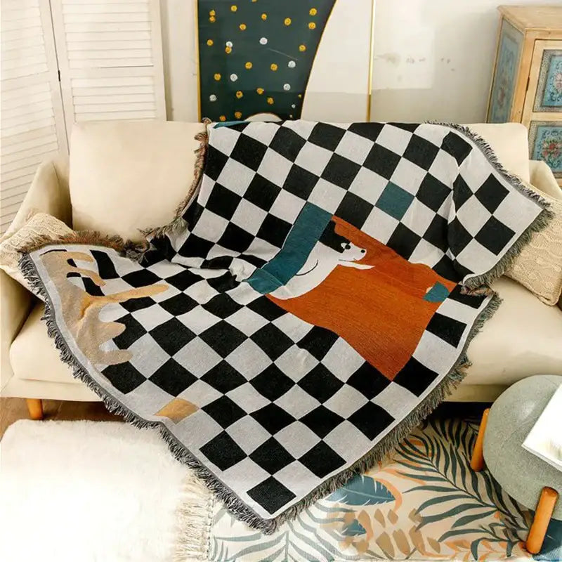 Black and white fox cozy plaid wool blend blanket bedroom throw