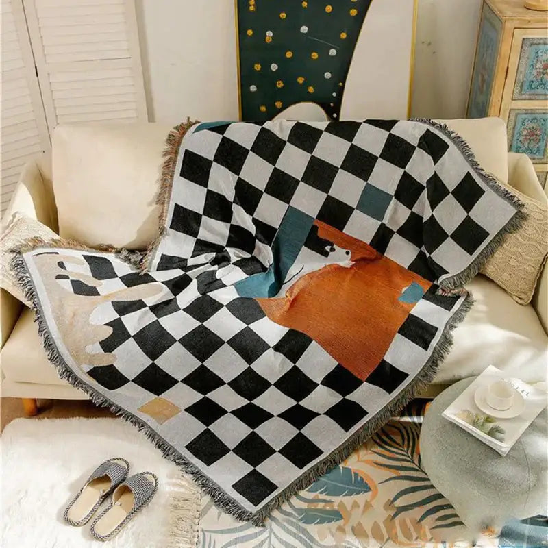 Black and white fox cozy plaid wool blend blanket bedroom throw