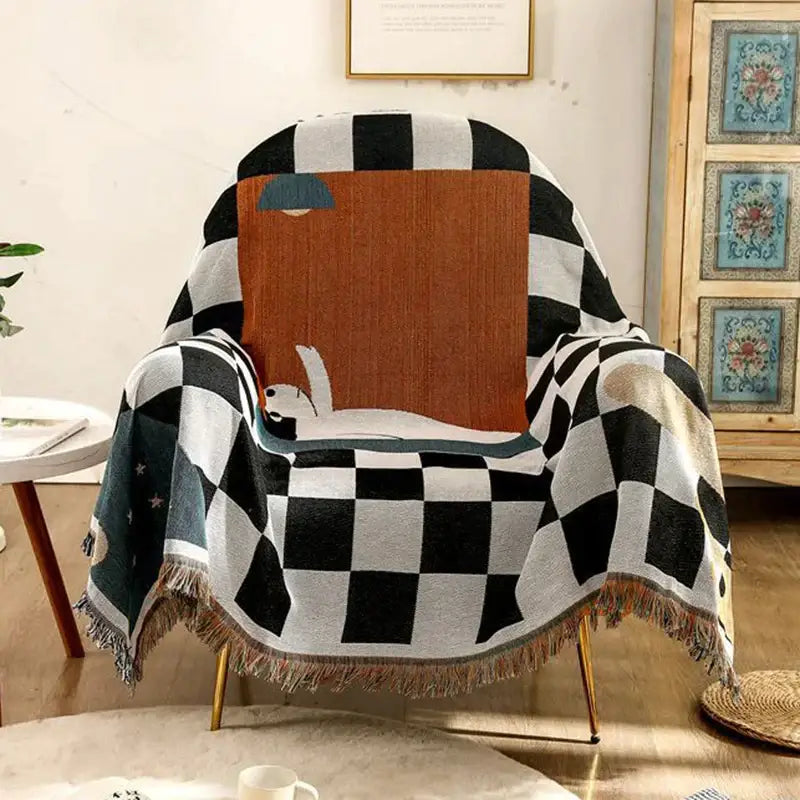 Black and white fox cozy plaid wool blend blanket bedroom throw