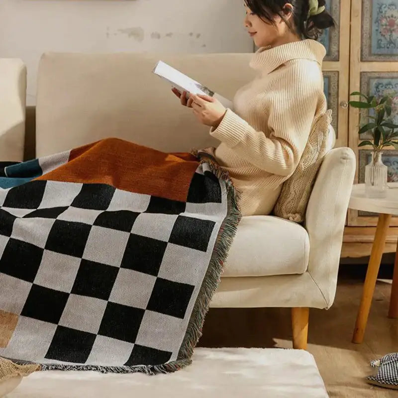 Black and white fox cozy plaid wool blend blanket bedroom throw