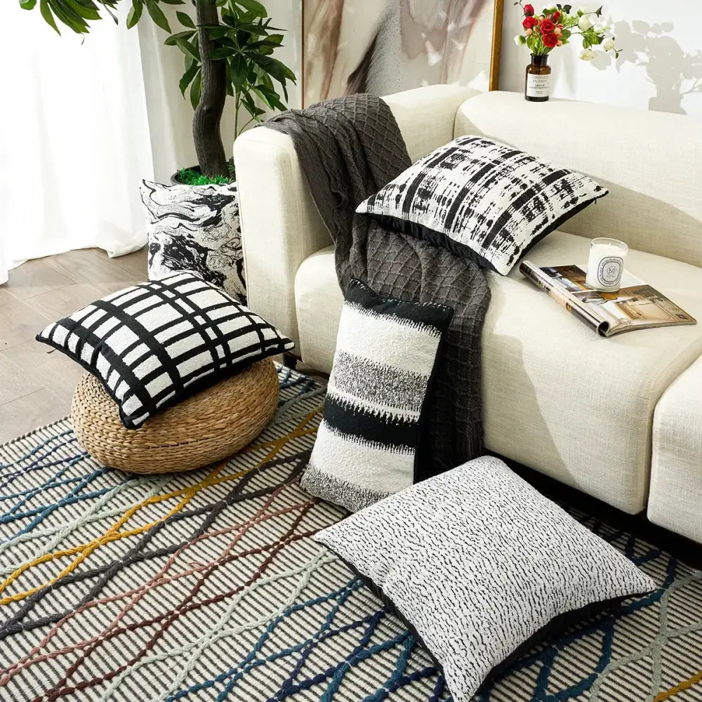 Black and white geometric chenille pillow cover living room decor