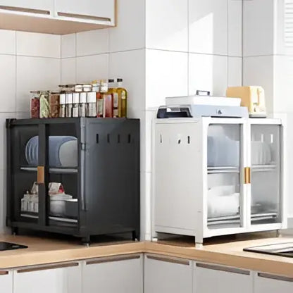 Black and white glass door kitchen cupboard storage rack