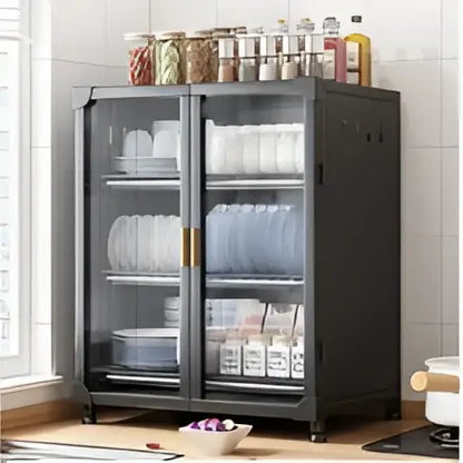 Black and white glass door kitchen cupboard storage rack