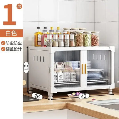 Black and white glass door kitchen cupboard storage rack