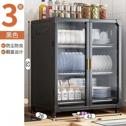 Black and white glass door kitchen cupboard storage rack
