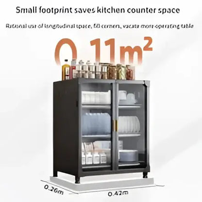 Black and white glass door kitchen cupboard storage rack