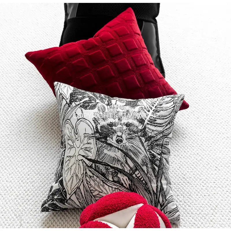 Black and white jungle plant raccoon pillow cover living room decor