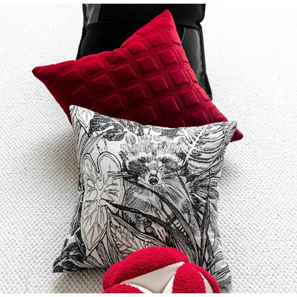 Black and white jungle plant raccoon pillow cover living room decor