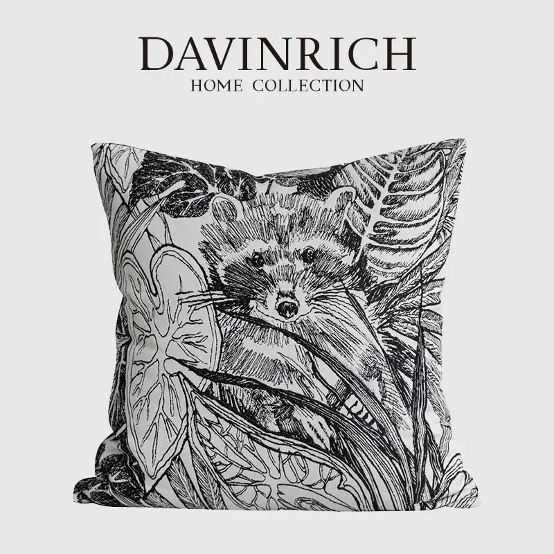 Black and white jungle plant raccoon pillow cover living room decor