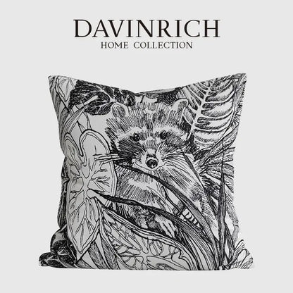 Black and white jungle plant raccoon pillow cover living room decor