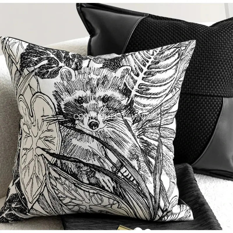 Black and white jungle plant raccoon pillow cover living room decor
