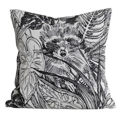 Black and white jungle plant raccoon pillow cover living room decor