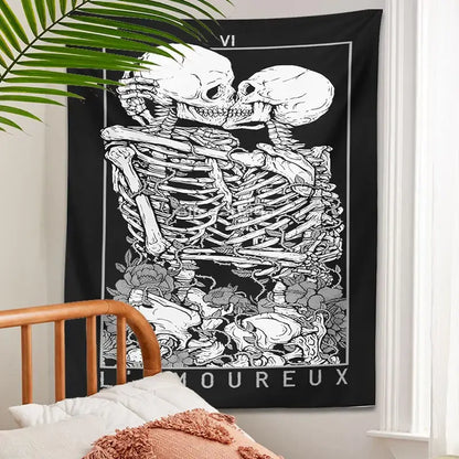 Black and white kissing lovers tarot tapestry bedroom wall decor