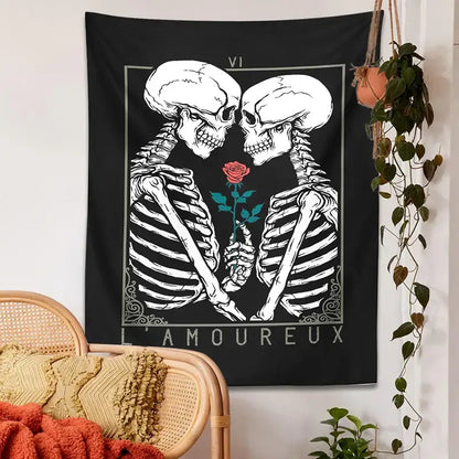 Black and white kissing lovers tarot tapestry bedroom wall decor