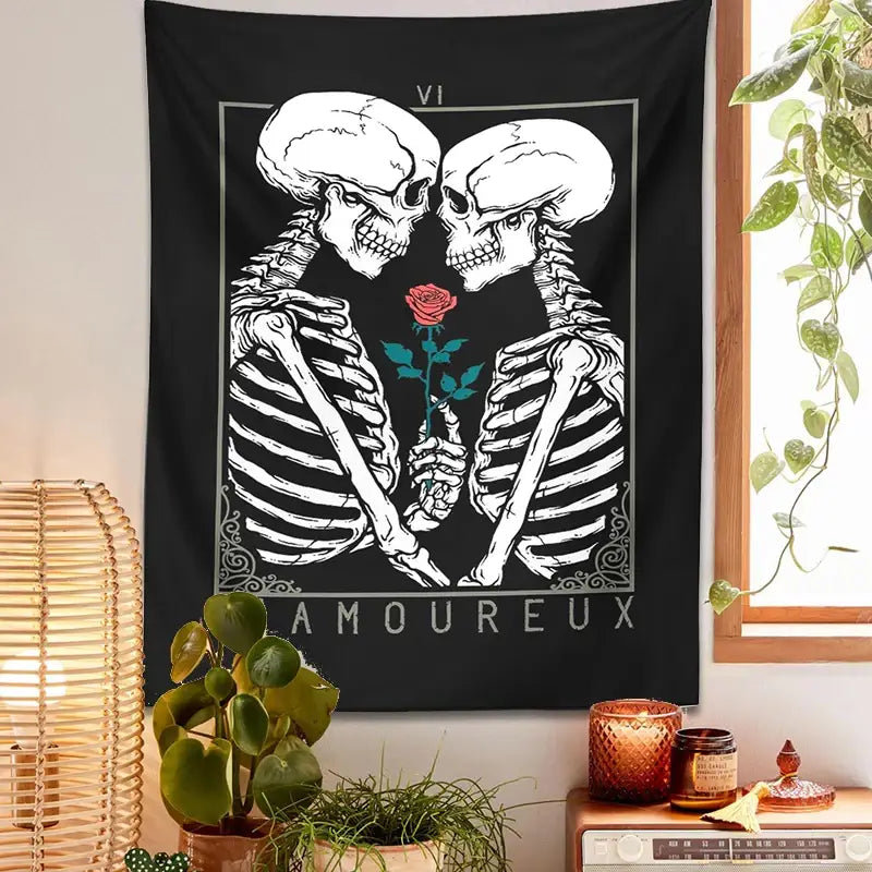 Black and white kissing lovers tarot tapestry bedroom wall decor