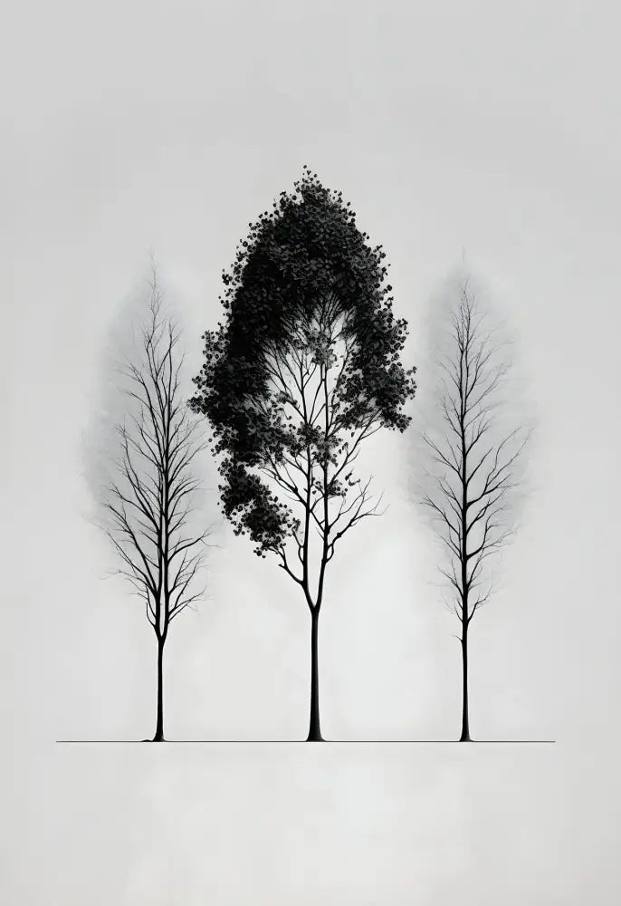 Minimalist black & white mountain tree landscape wall art living room