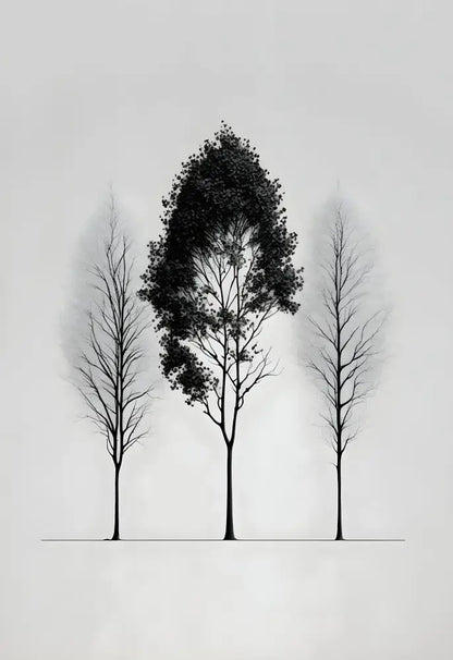 Minimalist black & white mountain tree landscape wall art living room
