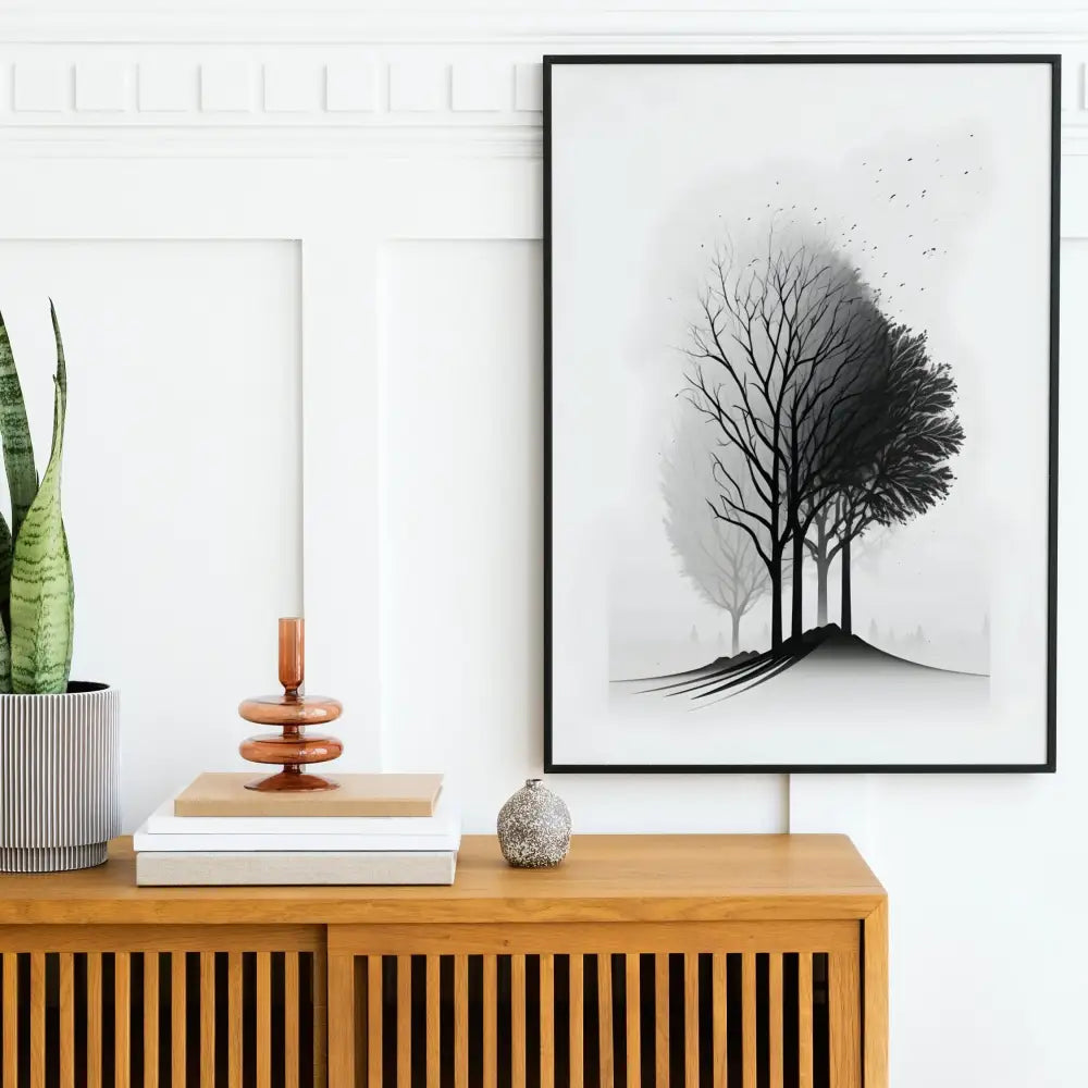 Minimalist black & white mountain tree landscape wall art living room