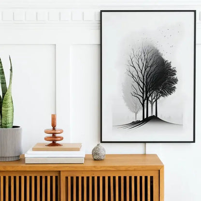 Minimalist black & white mountain tree landscape wall art living room