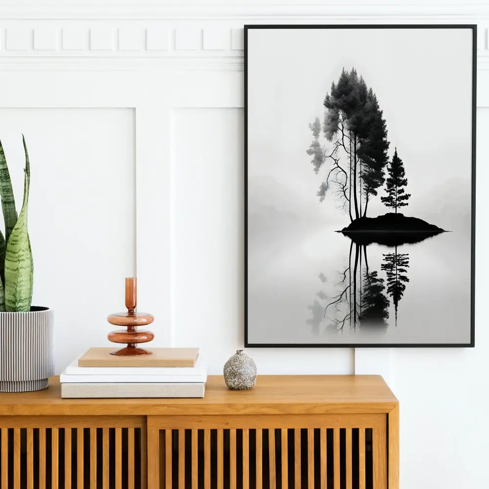 Minimalist black & white mountain tree landscape wall art living room