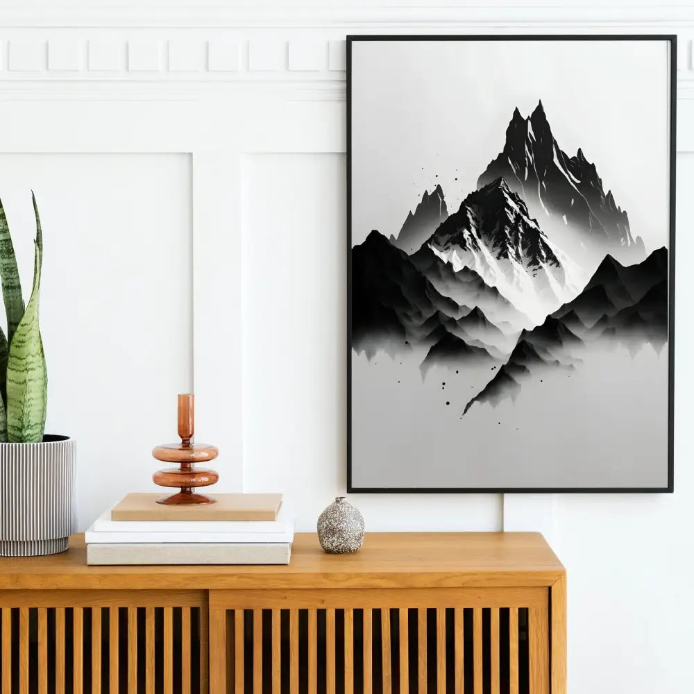Minimalist black & white mountain tree landscape wall art living room