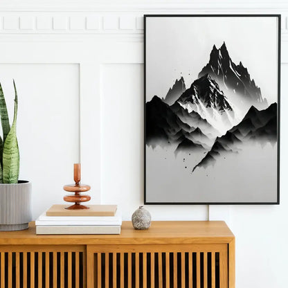 Minimalist black & white mountain tree landscape wall art living room