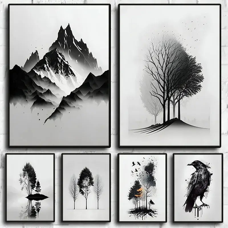 Minimalist black & white mountain tree landscape wall art living room