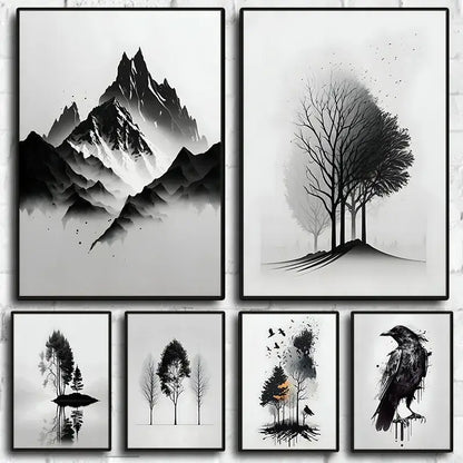 Minimalist black & white mountain tree landscape wall art living room