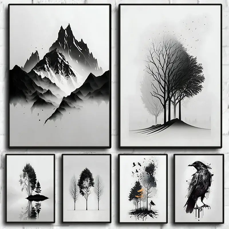 Minimalist black & white mountain tree landscape wall art living room