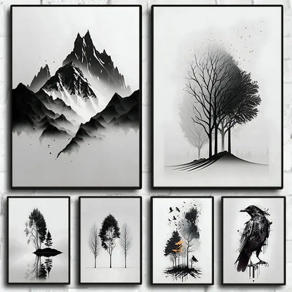 Minimalist black & white mountain tree landscape wall art living room