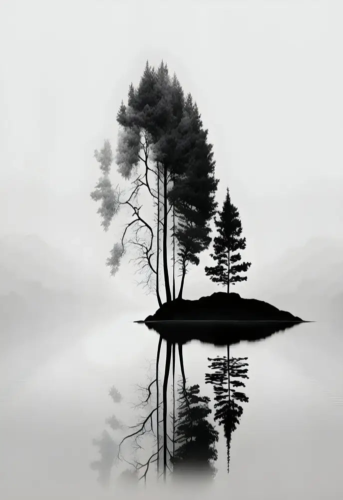 Minimalist black & white mountain tree landscape wall art living room
