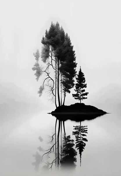 Minimalist black & white mountain tree landscape wall art living room
