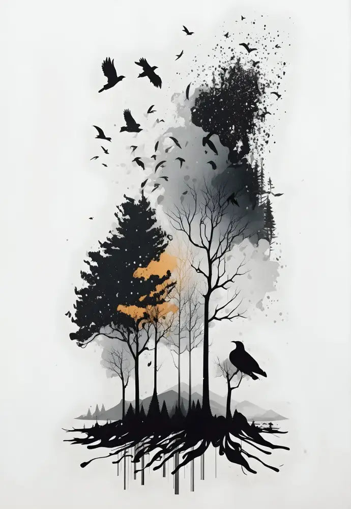 Minimalist black & white mountain tree landscape wall art living room