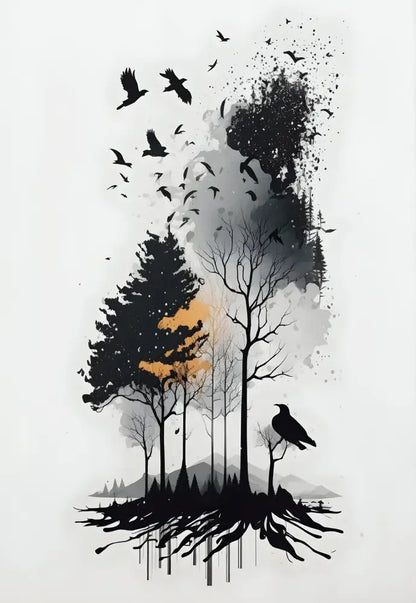 Minimalist black & white mountain tree landscape wall art living room