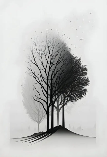 Minimalist black & white mountain tree landscape wall art living room