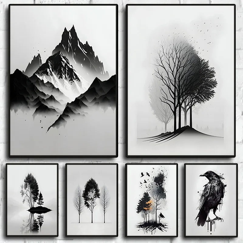 DecorBites™ Black and White Mountain Tree Landscape Wall Art